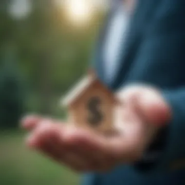 A hand holding a miniature house with a dollar sign